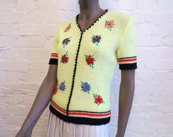 Vintage Neon Yellow Knitted Vest Short Sleeves Sweater Soft Pullover Embroidered V Neck Jumper Medium Size