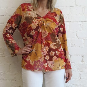 Orange Red Floral Print Mesh Stretcy Blouse Sheer Blouse Long Sleeves Mesh Top Womens V Neck Top Size XL