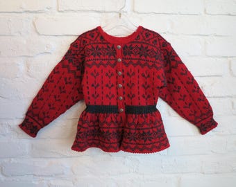 Rot Grau Norwegen Kinder Strickjacke Handgestrickte Folklore Strickjacke Lange Ärmel Warme Winter Stricken Nordische Gemusterte Jacke