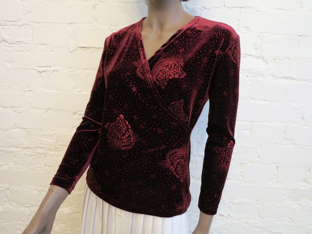 Crimson Red Blouse Red Velvet Blouse Shiny Tiger Face Velvet Top Women