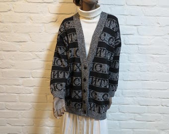 Vintage IMPAZZIVO Oversized Knit Cardigan – 80s Graphic Black