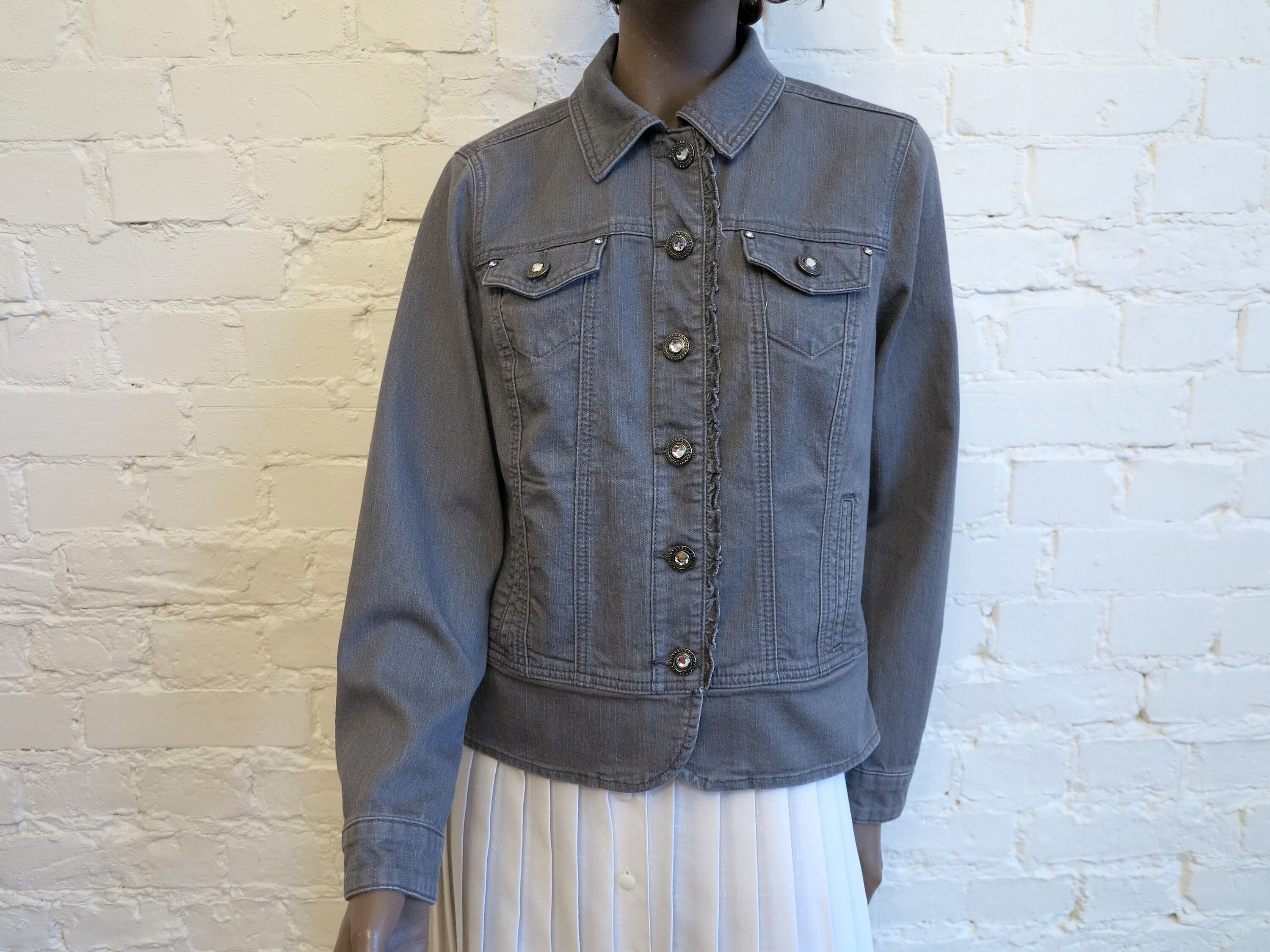 Womens Grey Denim Jacket Long Sleeves Stretchy Jeans Blazer Ruffle Trim Jeans Jacket Small to Medium Size Etsy