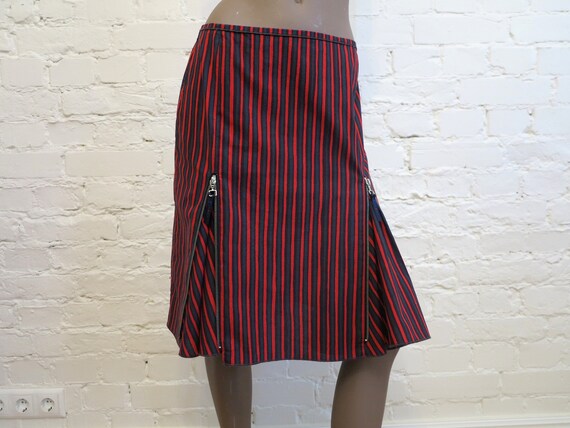 MARIMEKKO Black Red Striped Skirt Knee Cotton Skir