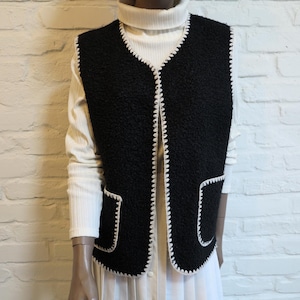 Black Womens Vest Faux Caracula Waistcoat Womens Vest Gilet for Women White Trim Vest Warm Waistcoat Medium to Large Size