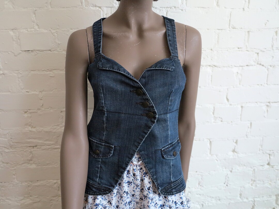 CC 25 Printed Denim Vest Jacket Blue White Cotton