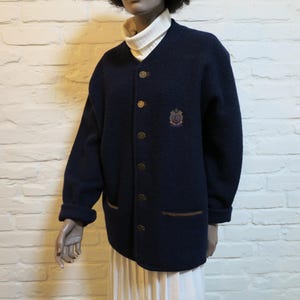 Vintage RAPHAEL Navy Blue Mens Jacket Pure Wool Warm Winter Cardigan with Pockets Button Down Jacket Large Size