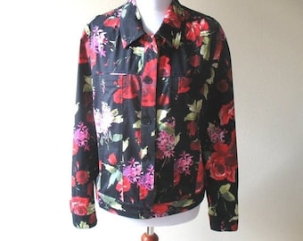 Black Jacket Red Green Floral Print Jacket Floral Blazer Cotton Blend Blazer Buttons up Jacket Large Size Jacket