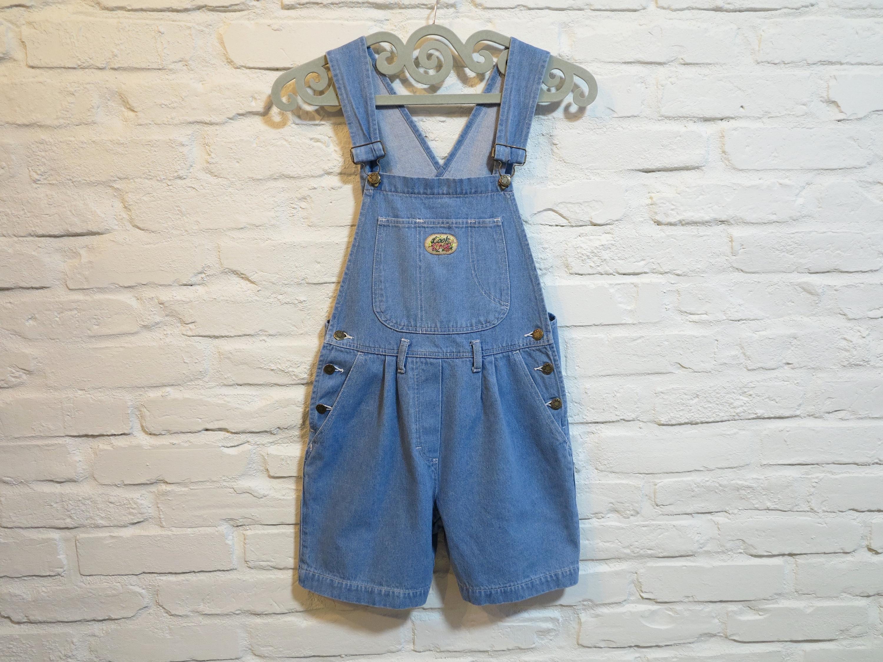 Vintage 90s Lock & Pol Denim Short Overalls - High Waist Blue Jean Romper / 100% Cotton Light Wash / Size XS to S