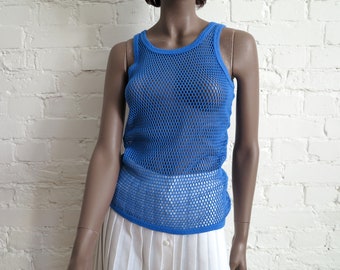 Vintage 90's Cobalt Blue Mesh Sheer Blouse Sleeveless Tube Top Womens Shirt Small Size