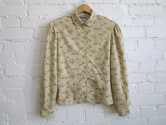 Light Mustard Yellow Blouse Floral Cotton Blouse … - image 3