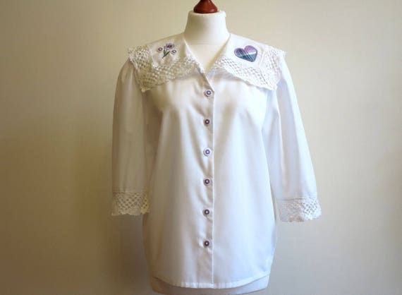 Ivory Off White Lace Collar Blouse Short Sleeves B