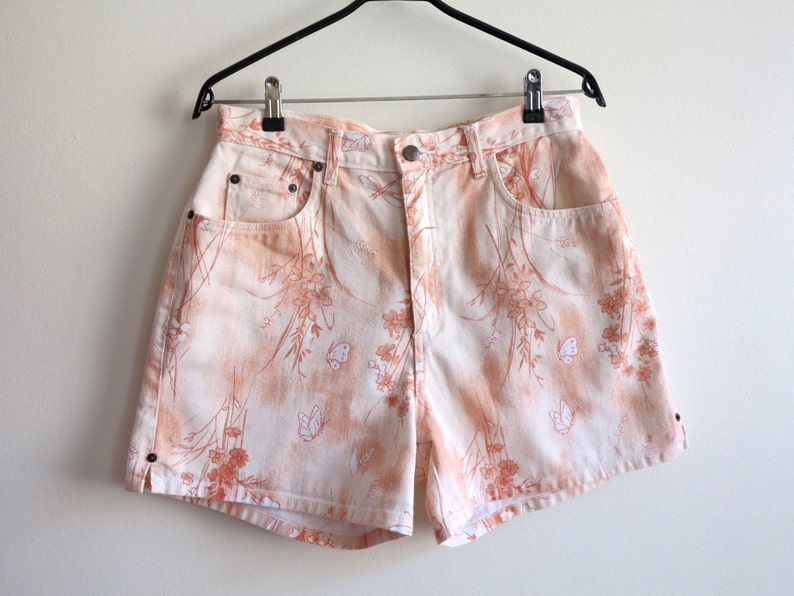 White Light Orange Floral Butterfly Print denim Shorts Womens High Waisted Shorts Jeans Shorts Medium Size