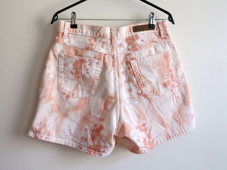 White Light Orange Floral Butterfly Print denim Shorts Womens High Waisted Shorts Jeans Shorts Medium Size