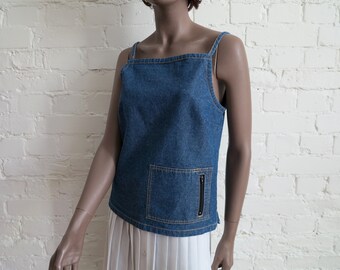 Vintage Denim Blouse Blue Denim Spaghetti Strap Top Open Shoulders Top Medium Size