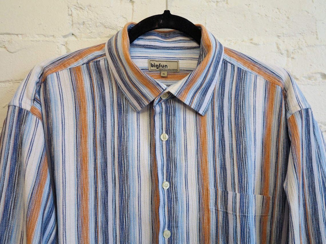 Vintage Blue Orange Striped Mens Shirt Mens Cotton Fabric | Etsy