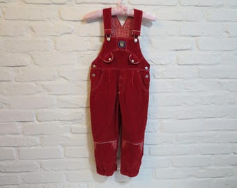 Peto infantil vintage de pana roja con parche de osito de peluche / Peto retro para niños pequeños talla 110 / Ropa infantil de los años 90