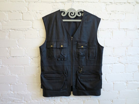 Black Leather Vest with Pockets Mens Leather Vest