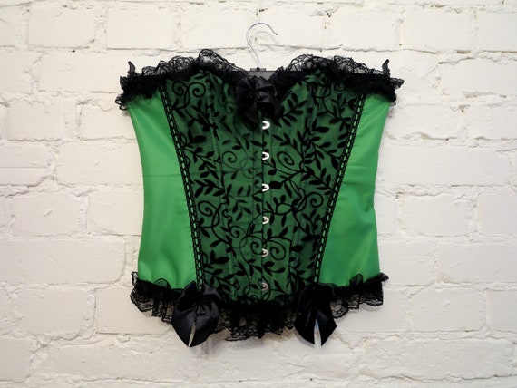 Salad Green Black Overbust Green Lace Trim Corset