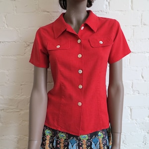 Hot Red Blouse Linen Viscose Blend Womens Blouse Womens Shirt Short Sleeves Top Summer Blouse Small Size
