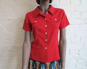 Hot Red Blouse Linen Viscose Blend Womens Blouse Womens Shirt Short Sleeves Top Summer Blouse Small Size