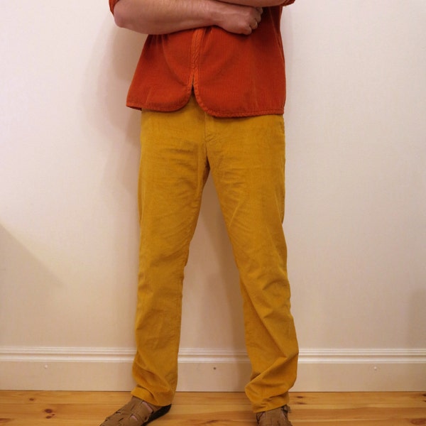 Pumpkin Yellow Corduroy Mens Pants Straight Leg Trousers Ankle Pants