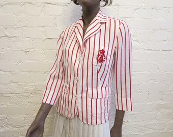 Veste en lin pour femme vintage MARCO PECCI Blazer rayé en lin rouge blanc rayé Blazer marin décontracté en lin petite taille