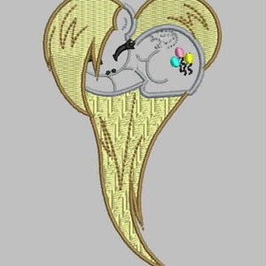 May include: A yellow and brown embroidered heart-shaped design featuring a cartoon pony with a pink, blue, and green balloon. The pony is sleeping with its eyes closed.