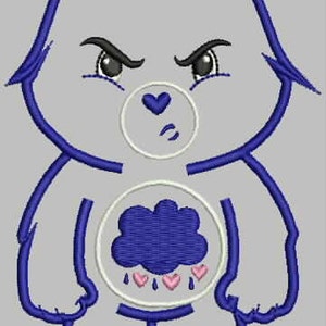 Puede incluir: Un oso de dibujos animados azul con una expresión gruñona. El oso tiene una nube azul con corazones rosas y gotas de lluvia en su vientre.