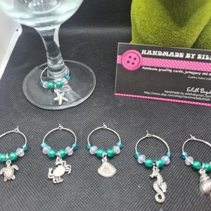Beach theme beaded wine glass charms set of 6