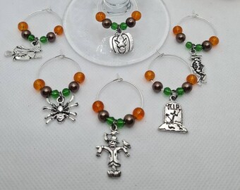 Set of 6 Halloween Wine glass charm markers - Pumpkin, witch, scarecrow - Orange, Brown Green Beads
