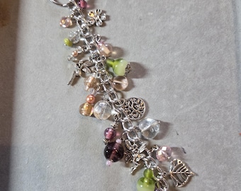 Woodland fairycore pink and purple floral bag charm keychain keyring. Pixies, fairies, forest, woodland theme