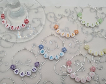 Personalised name wine glass charm with coloured flower beads