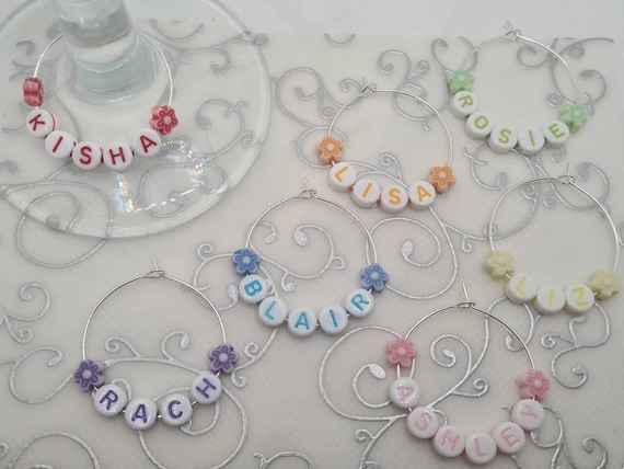 Personalised name wine glass charm with coloured flower beads