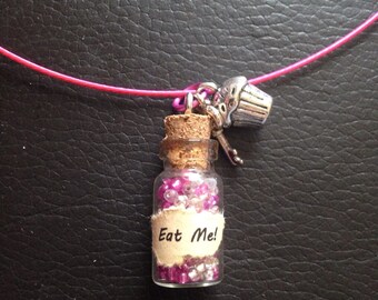 Eat me glass bottle pink necklace, Alice in wonderland inspired, cute, fun and unique!