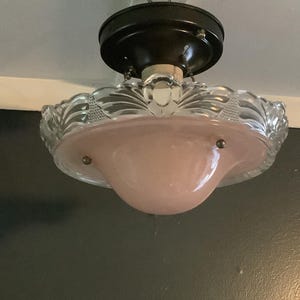 Vintage Art Deco Hanging Pink and Clear Glass Ceiling Light Fixture 3 Chains 1930s