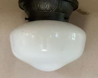 Antique Art Deco School House Milk Glass Light Fixture Petite Size Original 1910s - 1920s