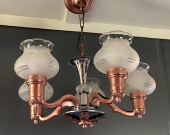 Antique Vintage Art Deco Brass  and Chrome Chandelier 5 Shade 1930s