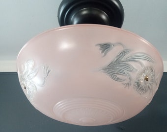 Antique Art Deco Pink Semi Flush Glass Ceiling Light Fixture 3 Chain 1930s