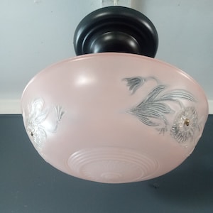 Vintage Art Deco Pink Semi Flush Glass Ceiling Light Fixture 3 Chain 1930s