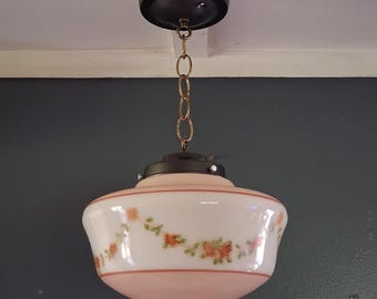 Vintage Pink Floral Schoolhouse Pendant Light – Art Deco 1930s Fixture