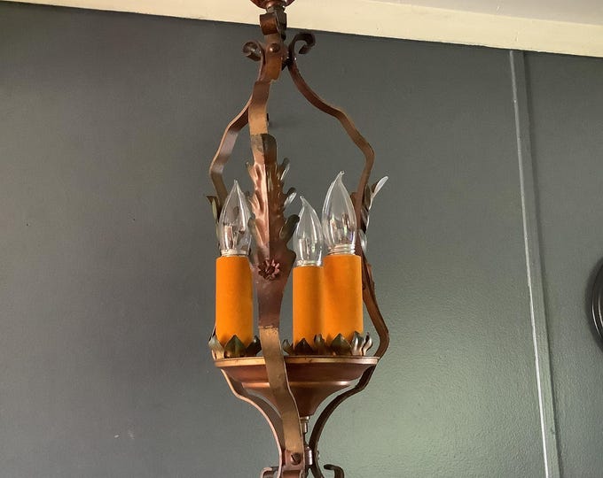 Featured listing image: Antique Light Spanish Revival 3 Bulb Tudor Foyer Hanging Light Fixture 1920s
