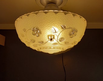 Antique Art Deco Hanging Bowl Light Fixture 3 Beaded Chains  Chandelier 1930s