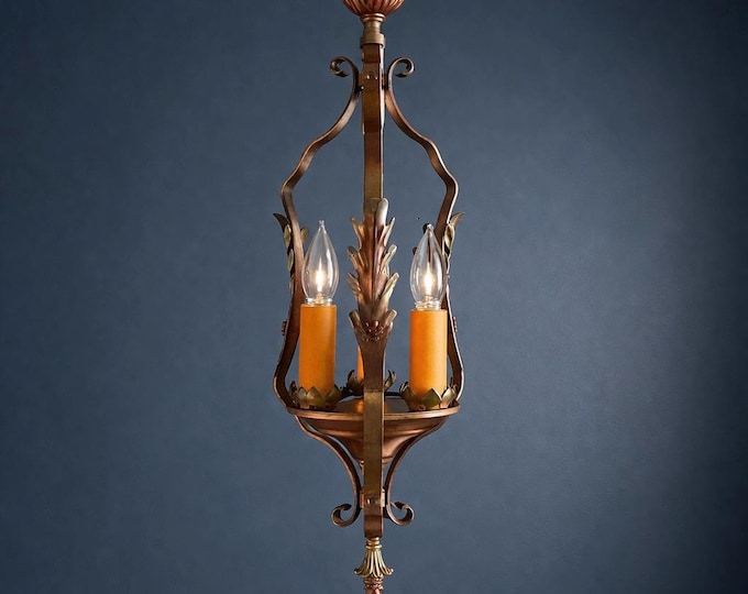 Featured listing image: Antique Light Spanish Revival 3 Bulb Tudor Foyer Hanging Light Fixture 1920s