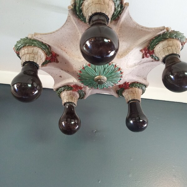 Antique Art Deco Polychrome Ceiling Light Fixture Markel Cast Iron 1920s