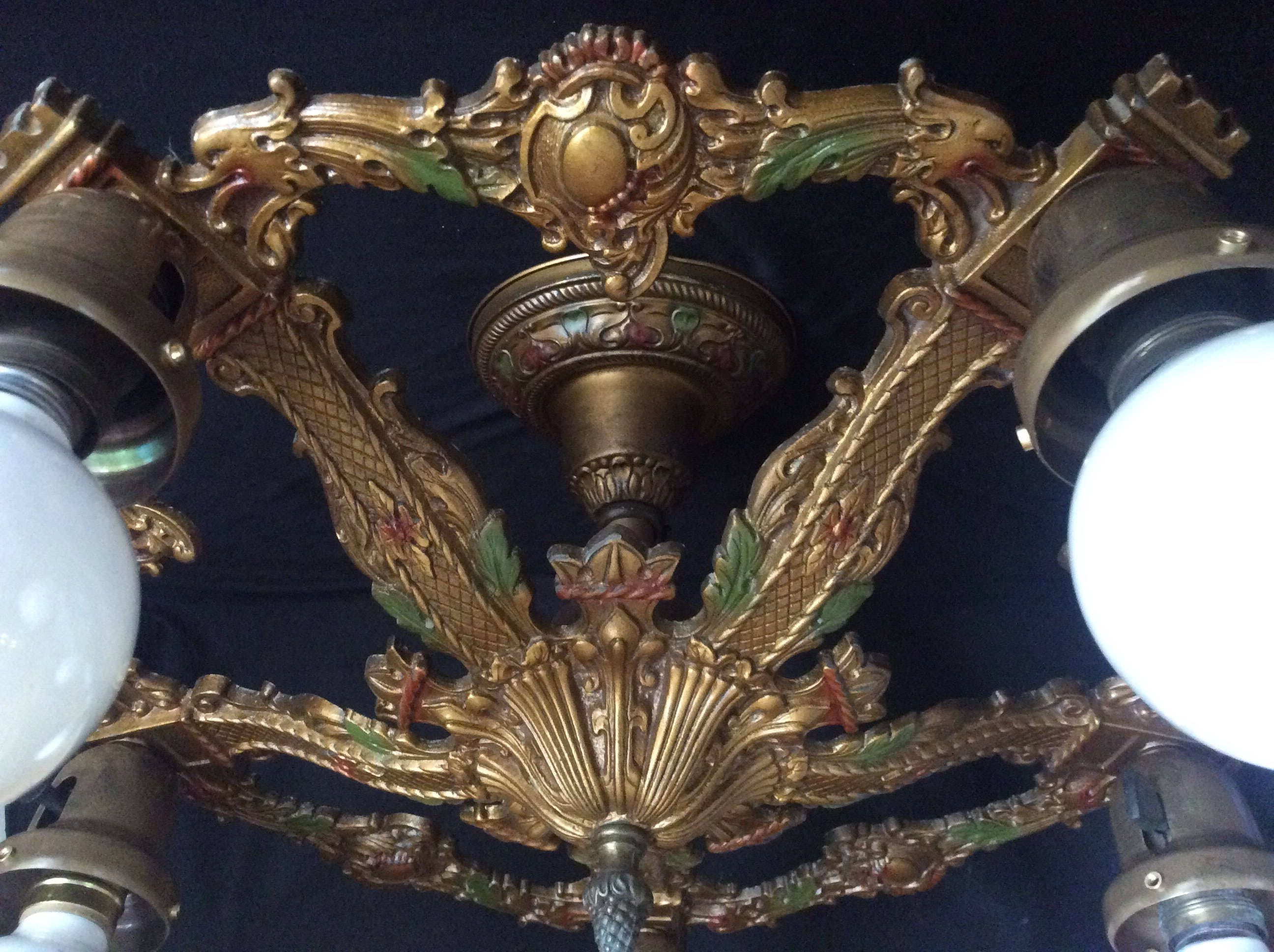 Antique Art Deco Ceiling Light Fixture Chandelier Polychrome Original