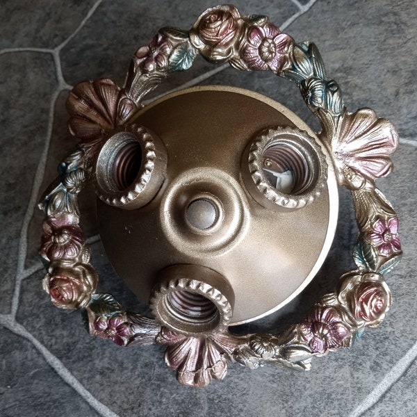 Antique Art Deco 3 Bulb  Ceiling Light Fixture Polychrome Roses Flush Cast Brass 1920s