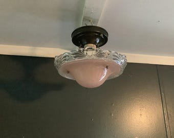 Vintage Art Deco Hanging Pink and Clear Glass Ceiling Light Fixture 3 Chains 1930s