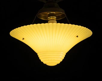 Vintage Art Deco Glass Ceiling Light Fixture Pale Yellow Hangs from 3 Chains 1930s