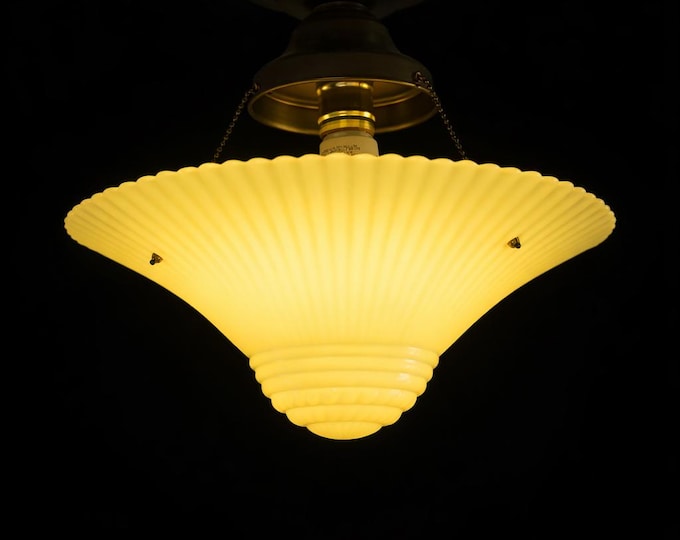 Featured listing image: Vintage Art Deco Glass Ceiling Light Fixture Pale Yellow Hangs from 3 Chains 1930s