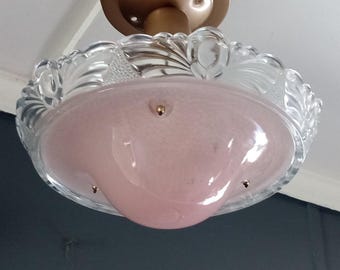 Antique Art Deco Hanging Pink and Clear Glass Ceiling Light 3 Beaded Chains 1930s